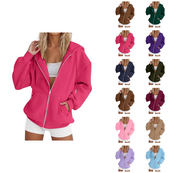 Womens Zip Up Sweatshirt 2026 Fall Winter Solid Color Casual Long Sleeve Hooded Sweatshirt Jacket Coat Outerwear with Pockets