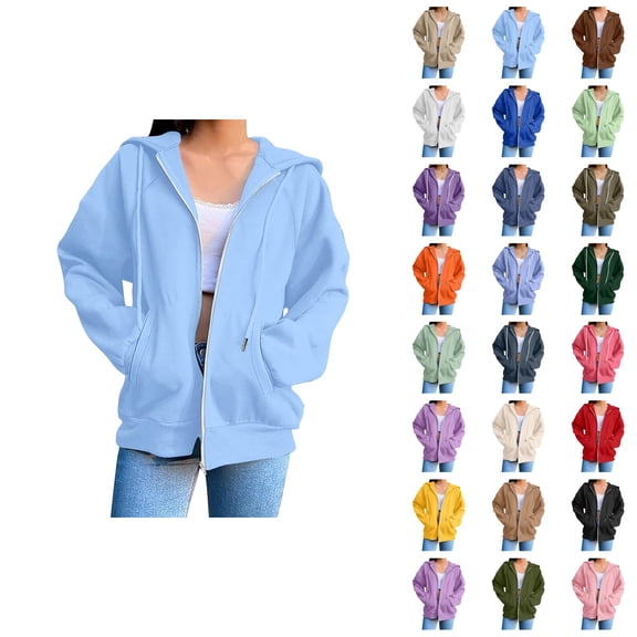 Womens Zip Up Sweatshirt 2026 Fall Winter Trendy Long Sleeve Plain Hoodie Sweatshirt Jacket Coat Outerwear with Pockets