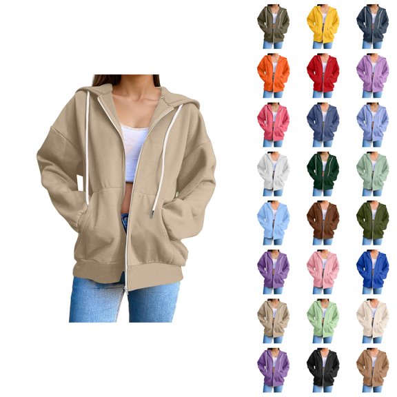 Womens Zip Up Sweatshirt 2026 Fall Winter Trendy Long Sleeve Plain Hoodie Sweatshirt Jacket Coat Outerwear with Pockets