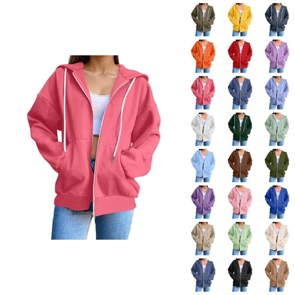 Womens Zip Up Sweatshirt 2026 Fall Winter Trendy Long Sleeve Plain Hoodie Sweatshirt Jacket Coat Outerwear with Pockets