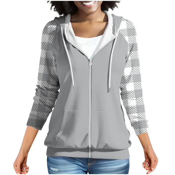 Womens Zip Up Sweatshirt, Hoodies for Women Fall Outdoor Athletic Plaid Printed Patchwork Drawstring Hooded Long Sleeve Pullover with Pockets S-3XL