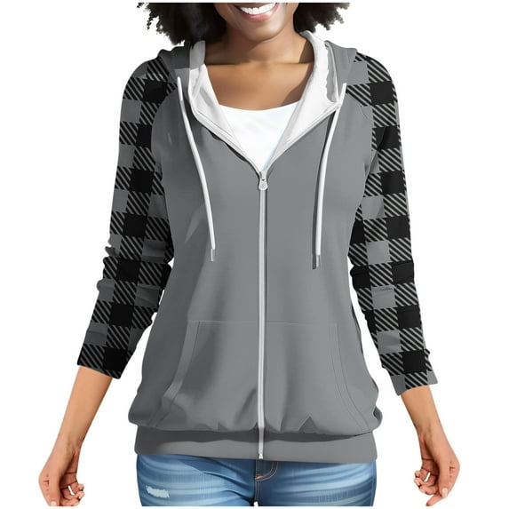 Womens Zip Up Sweatshirt, Hoodies for Women Fall Outdoor Athletic Plaid Printed Patchwork Drawstring Hooded Long Sleeve Pullover with Pockets S-3XL