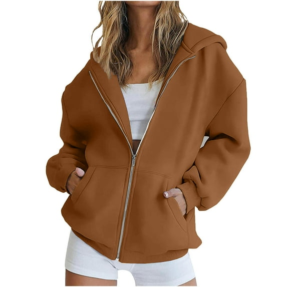 Womens Zip Up Sweatshirt, Hoodies for Women Fall Outdoor Casual Vintage Solid Color Athletic Workout Hooded Coats with Pockets S-3XL