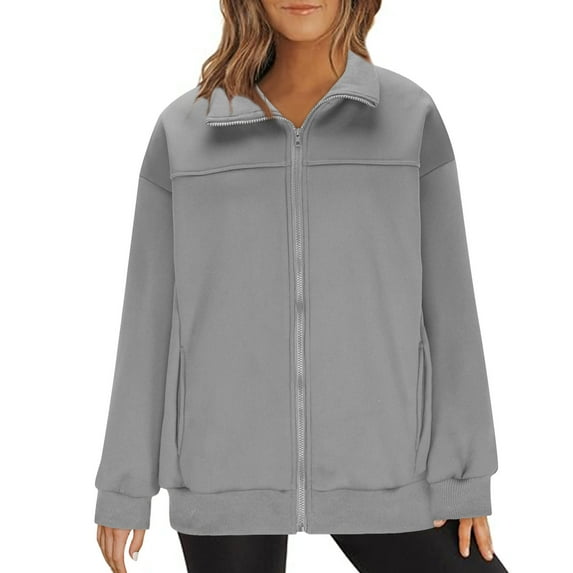 Womens Zip Up Sweatshirt Jacket No Hood Solid Color Casual Sports Coat Outerwear Fall Cozy Zipper Sweatshirt (L, Gray)