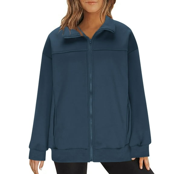 Womens Zip Up Sweatshirt Jacket No Hood Solid Color Casual Sports Coat Outerwear Fall Cozy Zipper Sweatshirt (M, Navy)