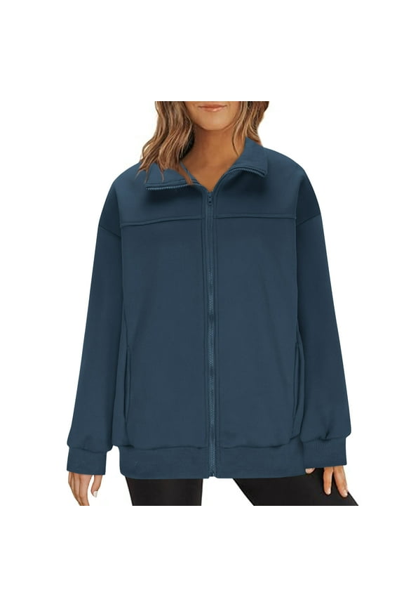 Womens Zip Up Sweatshirt Jacket No Hood Solid Color Casual Sports Coat Outerwear Fall Cozy Zipper Sweatshirt (M, Navy)