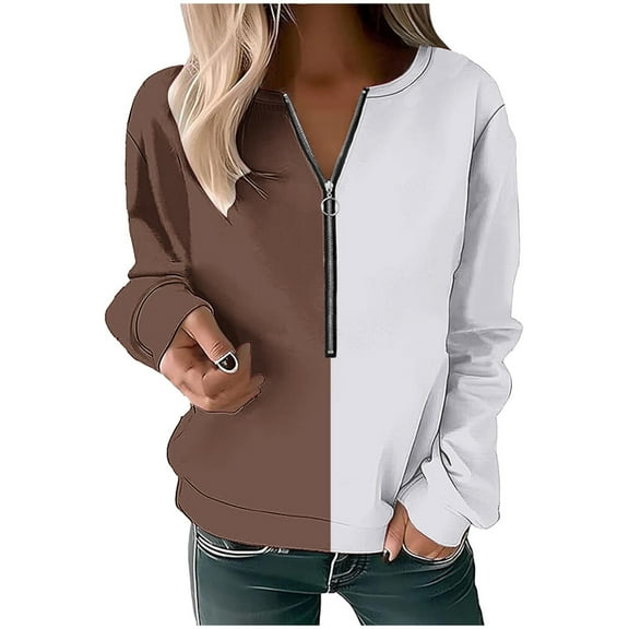 Womens Zip Up Sweatshirt, Long Sleeve Pullover for Women Fall Plus Size Casual Loose Fit Color Patchwork V Neck Sweatshirts