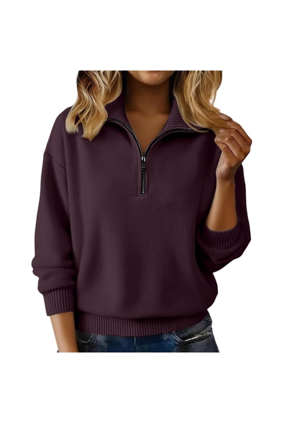 Womens Zip Up Sweatshirt, Long Sleeve Pullover for Women Plus Size Casual Solid Color Knitted Lapel V Neck Sweaters
