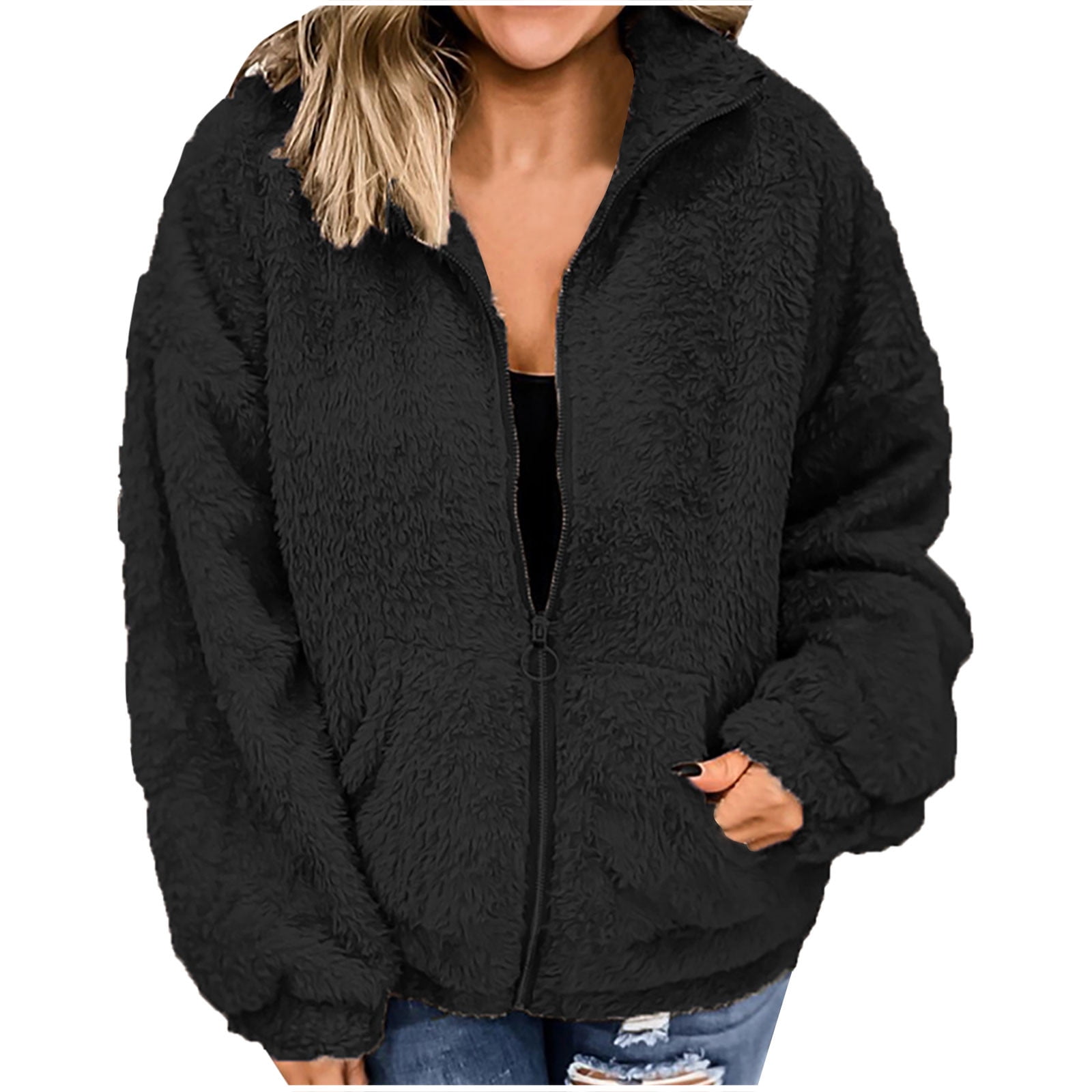 Womens Zip Up Sweatshirt No Hood Fashion Casual Plain Color Fall Sweaters  Lapel Fleece Warm Winter Coats with Pockets 