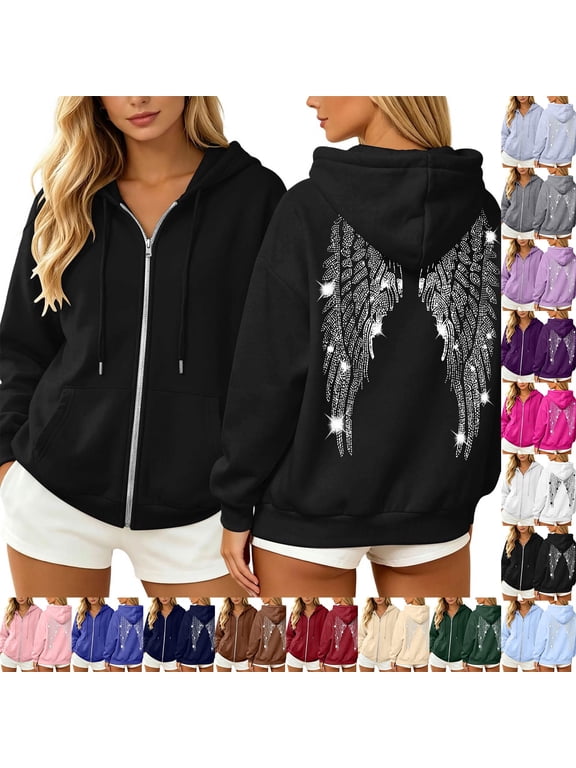 Womens Zip Up Sweatshirt Sequin Angel Wings Baggy Hoodie