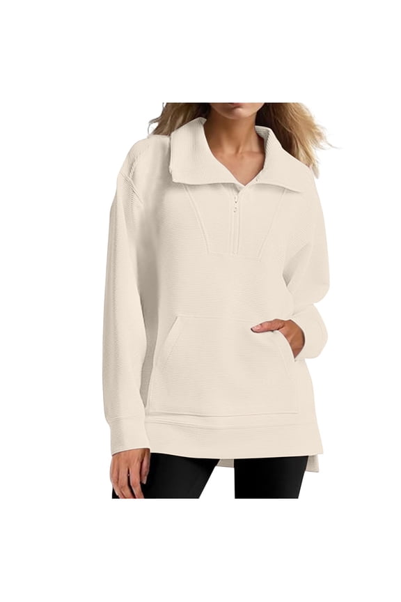 Womens Zip Up Sweatshirt, Women's Quarter Zip Oversized Long Sleeve Ribbed Knit Tunic Pullover Sweatshirts with Pockets