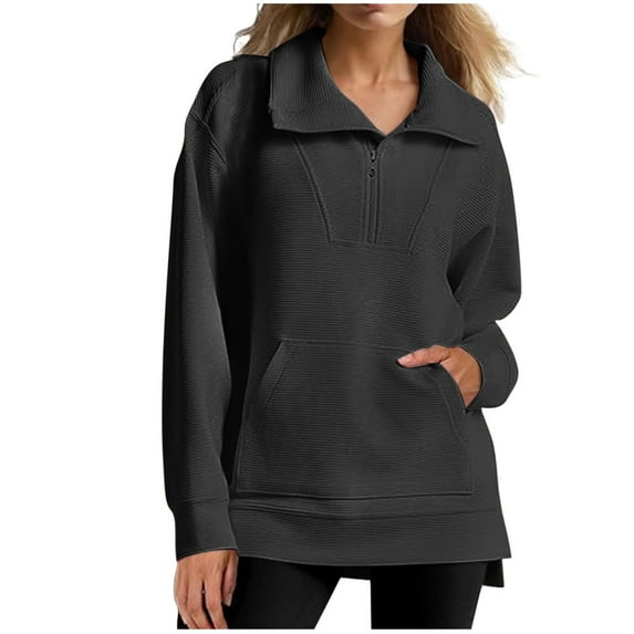 Womens Zip Up Sweatshirt, Women's Quarter Zip Oversized Long Sleeve Ribbed Knit Tunic Pullover Sweatshirts with Pockets