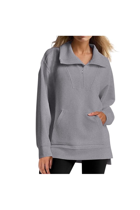 Zip Up Sweatshirt, Women's Quarter Zip Oversized Long Sleeve Ribbed Knit Tunic Pullover Sweatshirts with Pockets
