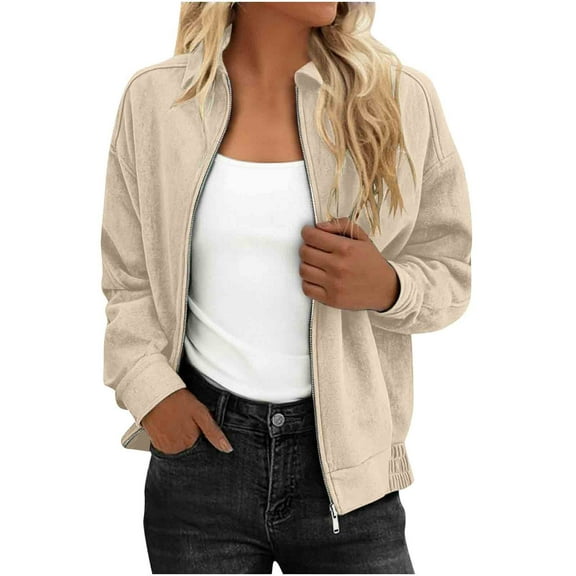 Womens Zip Up Sweatshirts Jackets Long Sleeve Casual Loose Lightweight Cropped Coat Outwear with Pocket (M, Beige)