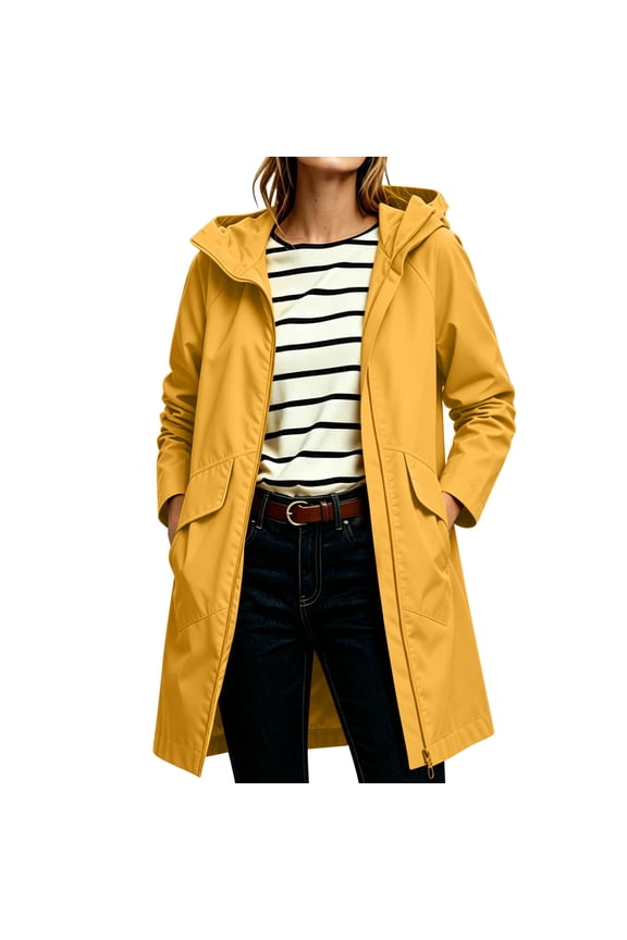 Womens Zip Up Trench Coat Fall Hooded Long Sleeve Waterproof Jackets Solid Color Jacket with Pockets Yellow L