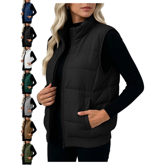 Womens Zip Up Vest Stand Collar Padded Sleeveless Versatile Winter Outerwear Vest
