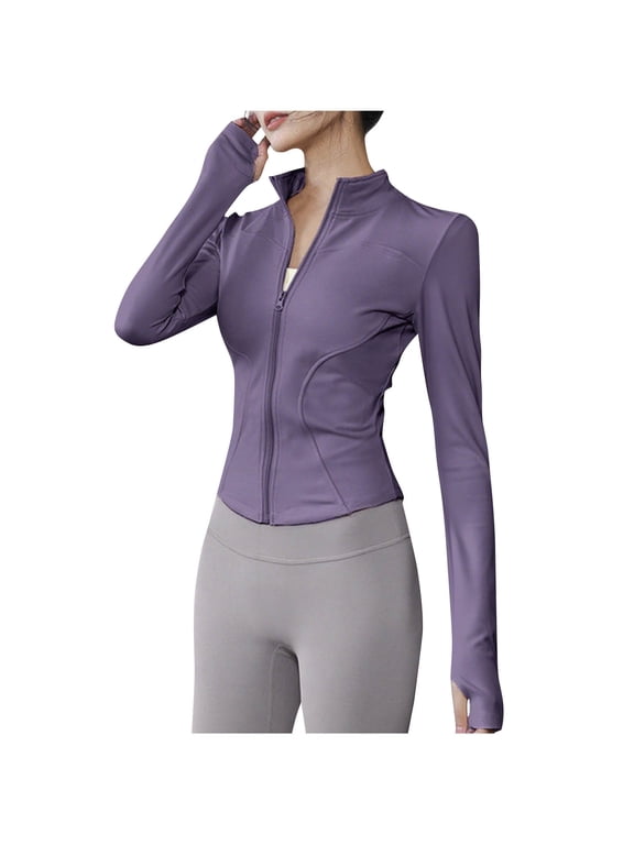 Womens Zip Up Workout Jacket Lightweight Slim Fit Stretch Athletic Jacket Cropped Running Gym Tops with Thumb Holes
