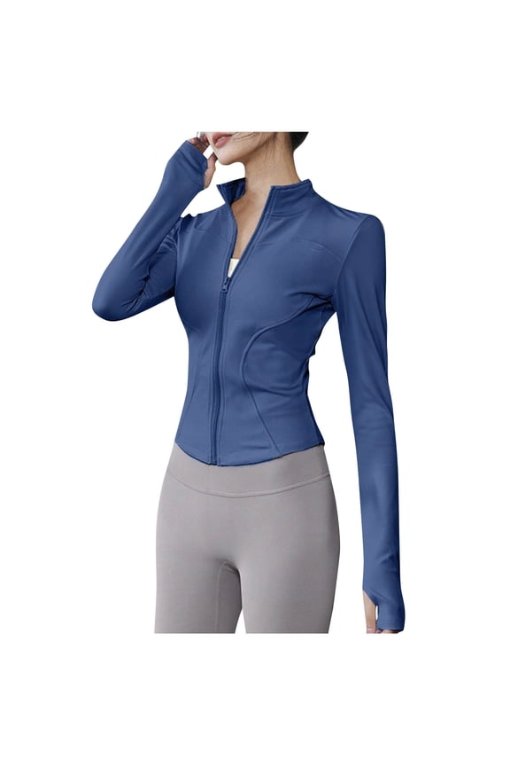 Womens Zip Up Workout Jacket Lightweight Slim Fit Stretch Athletic Jacket Cropped Running Gym Tops with Thumb Holes