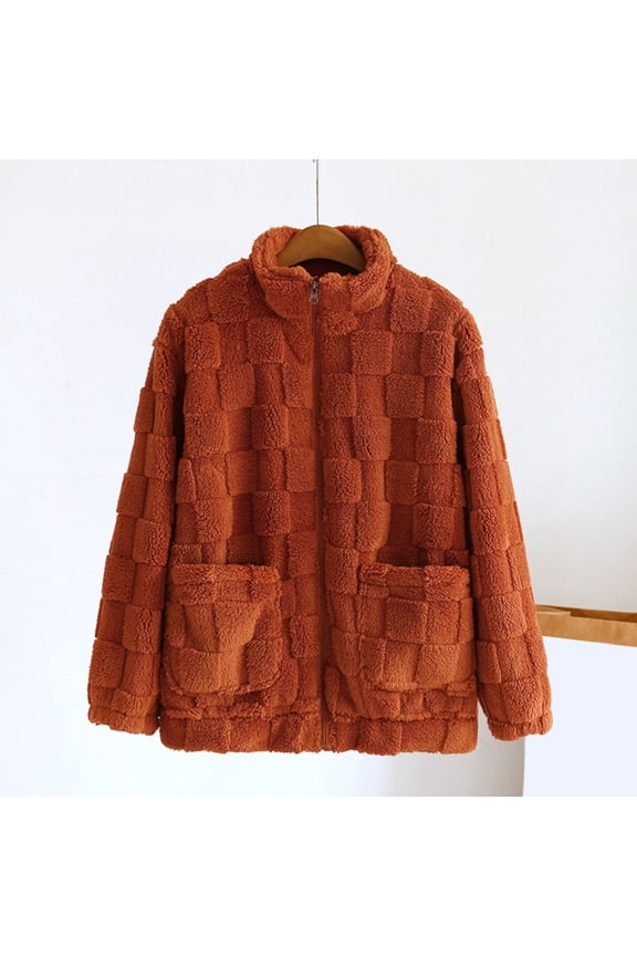 Womens Zip up Fuzzy Fleece Jacket Soft Warm Winter Coats Casual Comfy Plaid Pajama Outerwear with Pockets New Women Jackets Casual Red L