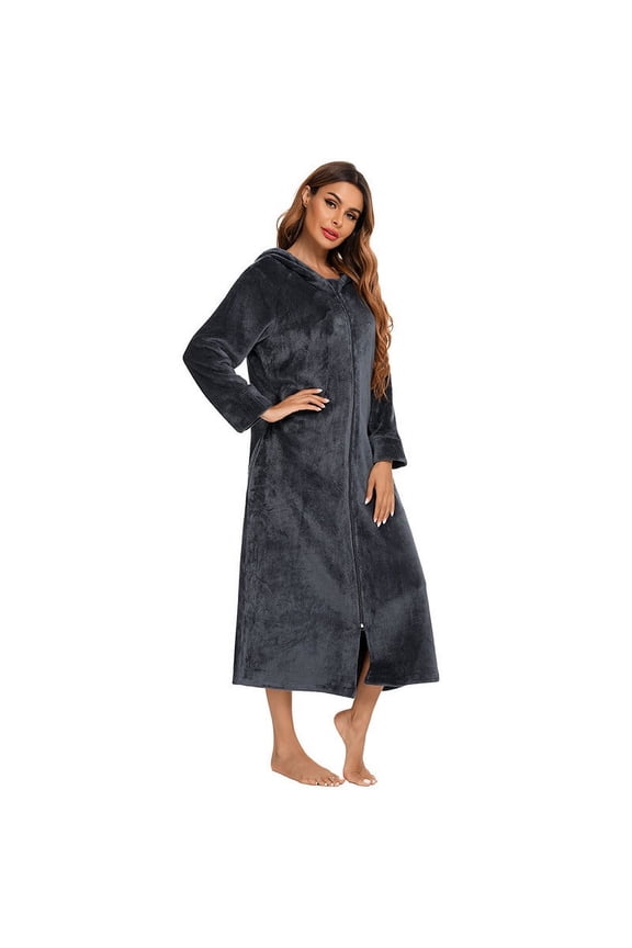 Womens Zip up Hooded Fleece Bathrobe Soft Cozy Warm Shower Robes Flannel Long Sleepwear Housecoat with Pockets New Sleepwear for Women Pajama Gray S
