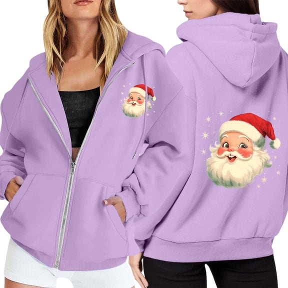 Womens Zip-up Hoodie Christmas Cute Santa Claus Print Long Sleeve Jackets Xmas Holiday Funny Fall Winter Fleece Hooded Sweatshirts