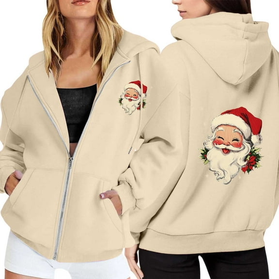 Womens Zip-up Hoodie Christmas Cute Santa Claus Print Long Sleeve Jackets Xmas Holiday Funny Fall Winter Fleece Hooded Sweatshirts