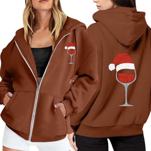 Womens Zip up Hoodie Christmas Funny Graphic Print Long Sleeve Jackets Xmas Holiday Funny Fall Winter Hooded Sweatshirts