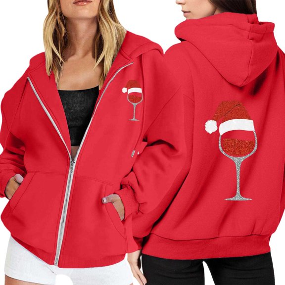 Womens Zip up Hoodie Christmas Funny Graphic Print Long Sleeve Jackets Xmas Holiday Funny Fall Winter Fleece Hooded Sweatshirts