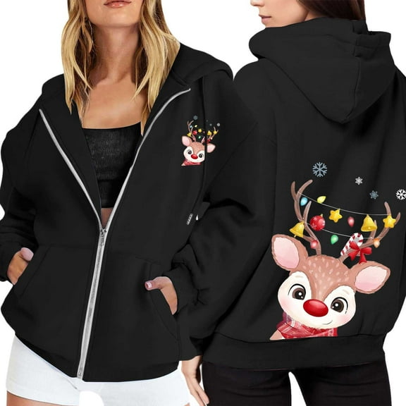 Womens Zip up Hoodie Christmas Elk Print Jackets Long Sleeve Xmas Holiday Funny Fall Winter Hooded Sweatshirts