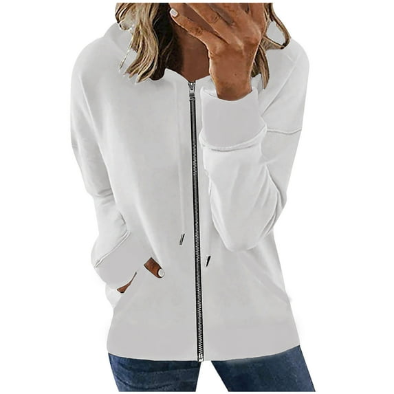 Womens Zip up Hoodies Drawstring Long Sleeve Solid Casual Comfy Loose Hooded Sweatshirts Tops Coat with Pockets