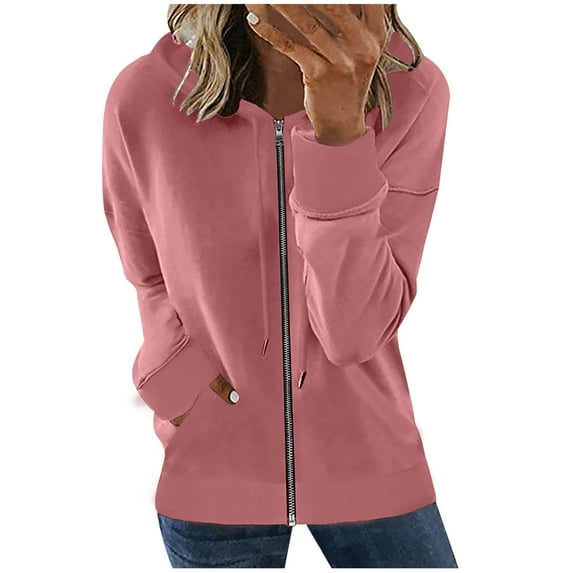 Womens Zip up Hoodies Drawstring Long Sleeve Solid Casual Comfy Loose Hooded Sweatshirts Tops Coat with Pockets