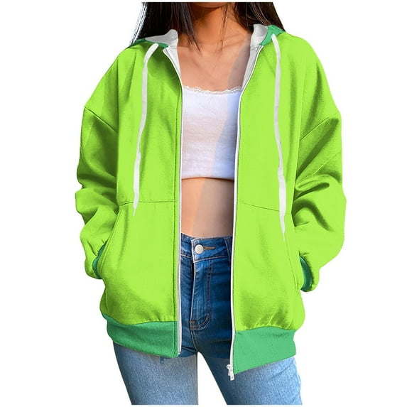 Womens Zip up Hoodies, Long Sleeve Pullover for Women Fall Fashion Loose Fit Color Patchwork Hooded Sweatshirts Coats with Pcokets