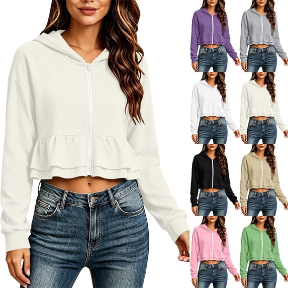 Womens Zip up Hoodies Pleated Solid Color Loose Casual Long Sleeved Sportswear Spring Fall Layering Jacket