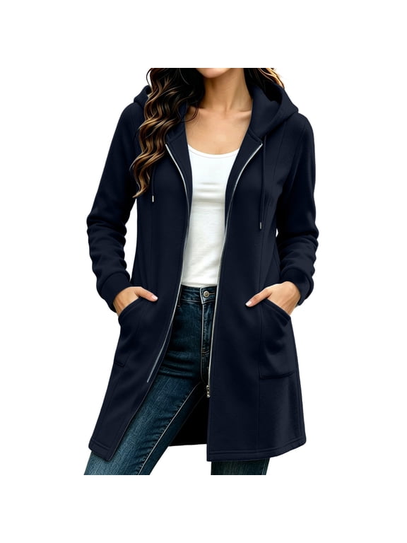 Womens Zip up Long Hoodie Jacket Open Front Cardigan Long Sleeve Drawstring Coat with Side Pockets, Loose Casual Outerwear, Soft Comfy Tops Blue M