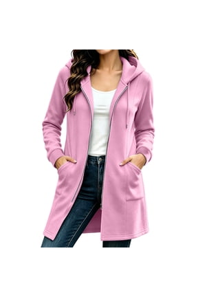 Womens Zip up Long Hoodie Jacket Open Front Cardigan Long Sleeve Drawstring Coat with Side Pockets, Loose Casual Outerwear, Soft Comfy Tops Pink S