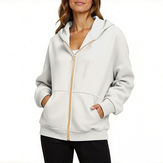 Womens Zip up Sweatshirt Fleece Jackets Soft Travel Oversized Hoodies Fall Winter Sports Coats with Pockets White XXL