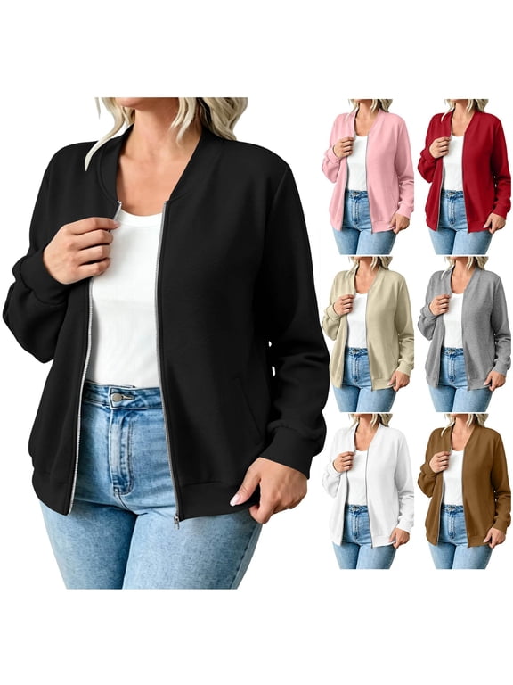 Womens Zip-up Fleece Sweatshirt, Front Full Zipper Jackets No Hood, Fall Casual Loose Long Sleeve Sweatshirt with Side Pockets Dark Gray L