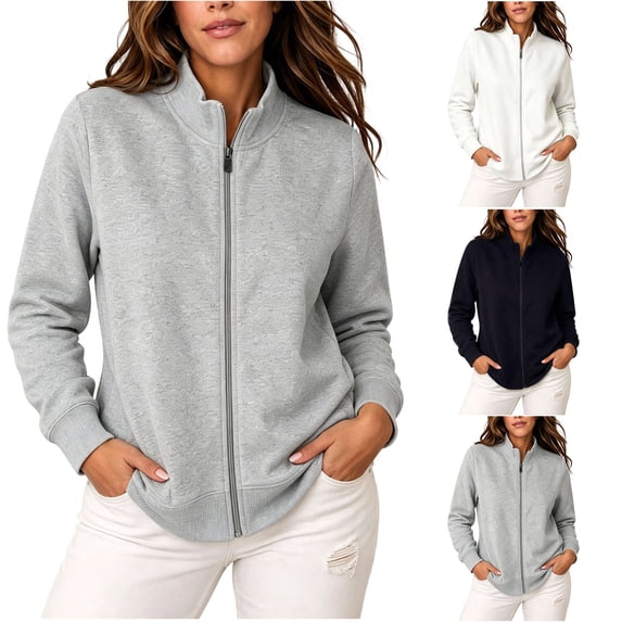 Womens Zip up Sweatshirt Zaewscy Fashion Women's Solid Color Long Sleeves Zipper Leisure Stand Collar Coat Top Gray XXXL
