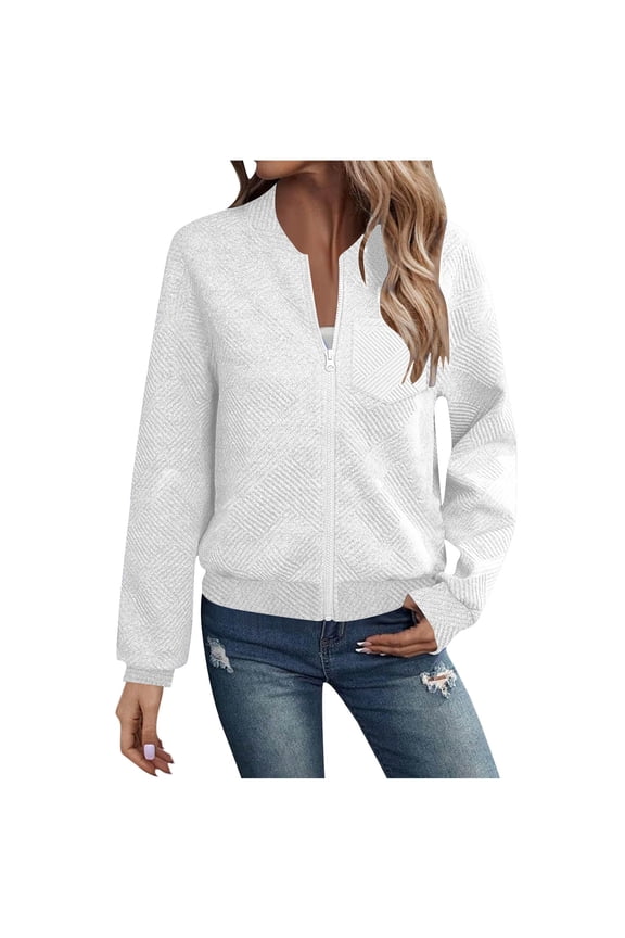 Womens Zipper Bomber Jackets Hoodless Long Sleeve Chest Pocket Solid Color Textured Full-zip Trendy Outerwear (L, White)