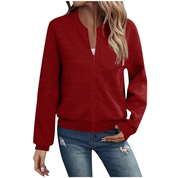 Womens Zipper Bomber Jackets Hoodless Long Sleeve Chest Pocket Solid Color Textured Full-zip Trendy Outerwear (S, Red)
