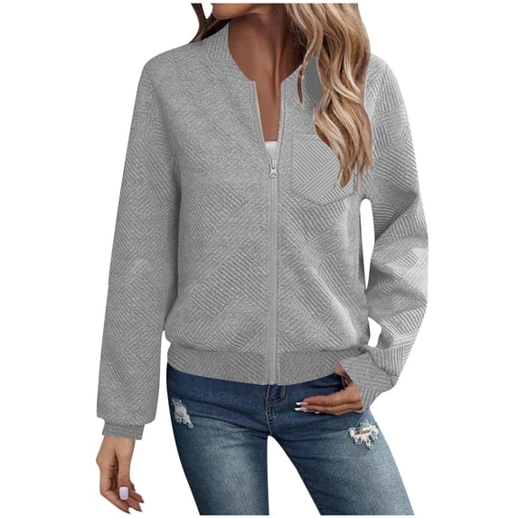 Womens Zipper Bomber Jackets Hoodless Long Sleeve Chest Pocket Solid Color Textured Full-zip Trendy Outerwear (XL, Gray)