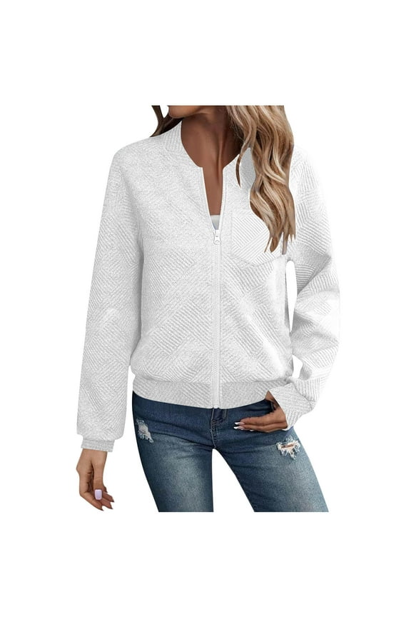 Womens Zipper Bomber Jackets Hoodless Long Sleeve Chest Pocket Solid Color Textured Full-zip Trendy Outerwear (XL, White)
