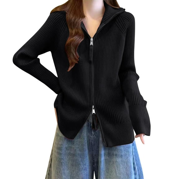 Womens Zipper Cardigans Long Sleeve Zip-Up Collared Sweater Cardigan Raglan Knitwear Fall Casual Ribbed Jacket Coat Black, Free Size