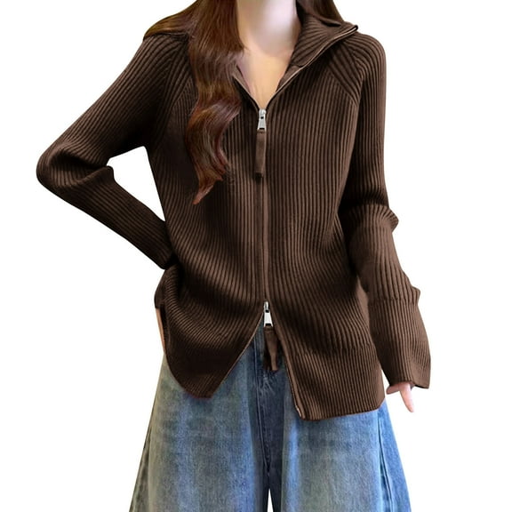 Womens Zipper Cardigans Long Sleeve Zip-Up Collared Sweater Cardigan Raglan Knitwear Fall Casual Ribbed Jacket Coat Coffee, Free Size