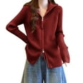 thumbnail image 1 of Womens Zipper Cardigans Long Sleeve Zip-Up Collared Sweater Cardigan Raglan Knitwear Fall Casual Ribbed Jacket Coat Red, Free Size, 1 of 3