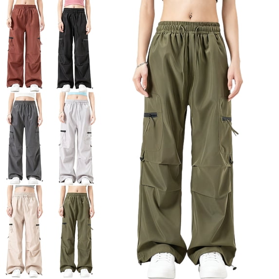 Womens Zipper Cargo Pants Windbreaker Drawstring Multi Pocket Breathable Casual Solid Trousers