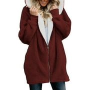 SEXY DANCE Womens Zipper Fleece Jackets Ladies Casual Hooded Coat Plus Size Mid-Length Long Sleeve Winter Warm Casual Fluffy Jackets Outwear