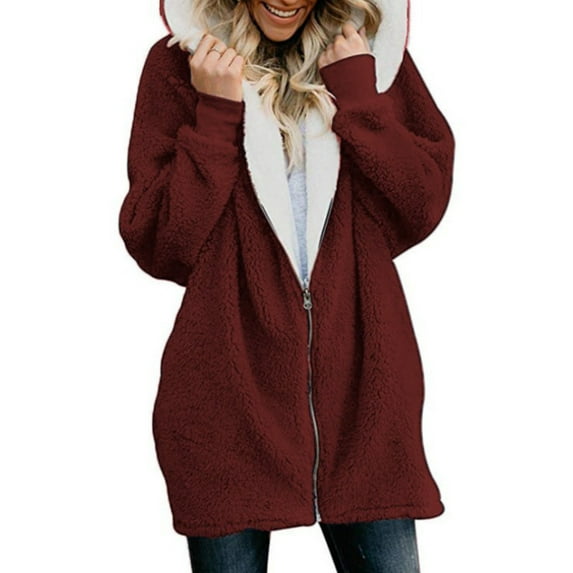 Womens Zipper Fleece Jackets Ladies Casual Hooded Coat Plus Size Mid-Length Long Sleeve Winter Warm Casual Fluffy Jackets Outwear