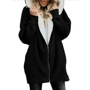 SEXY DANCE Womens Zipper Fleece Jackets Ladies Casual Hooded Coat Plus Size Mid-Length Long Sleeve Winter Warm Casual Fluffy Jackets Outwear