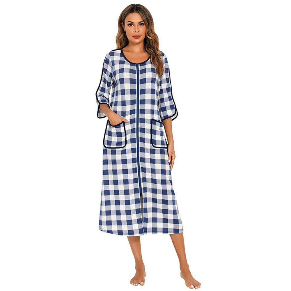 Womens Zipper Front House Dress Long Robes Plaid Nightgowns Full Length